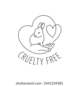 Cruelty free thin line icon. Not tested on animals outline logo sticker for animals friendly product packaging. Cute linear rabbit with text in circle. Vegan eco cosmetics. Simple lined badge