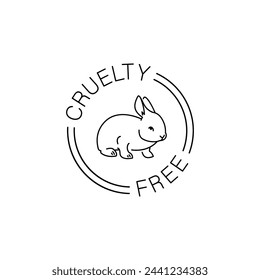 Cruelty free thin line icon. Not tested on animals outline logo sticker for animals friendly product packaging. Cute linear rabbit with text in circle. Vegan eco cosmetics. Simple lined badge