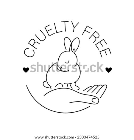 Cruelty free thin line icon. Not tested on animals outline logo sticker for animal friendly product packaging. Cute linear rabbit with text and heart. Vegan eco cosmetics. Simple lined badge