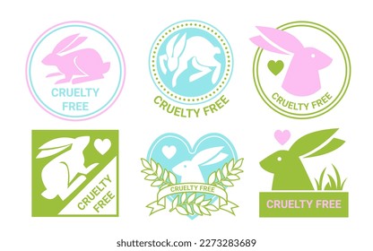 Cruelty-free logos and icons. Vector illustration of green circular and heart-shaped badges with a rabbit and leaf. Used for labeling natural products not tested on animals