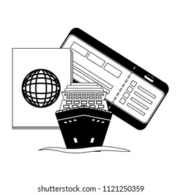 cruice ship with passport and ticket trip isolated icon