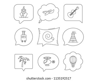 Cruise, airplane and helicopter icons. Palm tree, shell and lighthouse linear signs. Air balloon, guitar and luggage icons. Linear Speech bubbles with icons set. Comic chat balloon. Vector