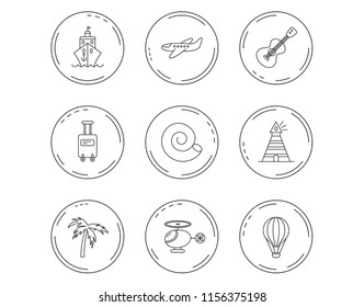 Cruise, airplane and helicopter icons. Palm tree, shell and lighthouse linear signs. Air balloon, guitar and luggage icons. Linear Circles web buttons with icons. Vector