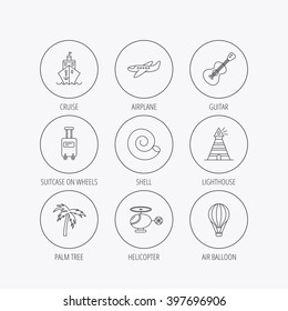 Cruise, airplane and helicopter icons. Palm tree, shell and lighthouse linear signs. Air balloon, guitar and luggage icons. Linear colored in circle edge icons.