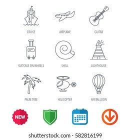 Cruise, airplane and helicopter icons. Palm tree, shell and lighthouse linear signs. Air balloon, guitar and luggage icons. New tag, shield and calendar web icons. Download arrow. Vector