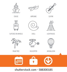 Cruise, airplane and helicopter icons. Palm tree, shell and lighthouse linear signs. Air balloon, guitar and luggage icons. Download arrow, locker and calendar web icons. Vector