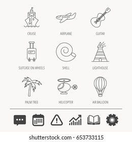 Cruise, airplane and helicopter icons. Palm tree, shell and lighthouse linear signs. Air balloon, guitar and luggage icons. Education book, Graph chart and Chat signs. Vector