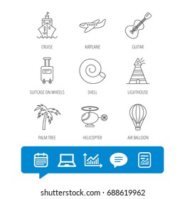 Cruise, airplane and helicopter icons. Palm tree, shell and lighthouse linear signs. Air balloon, guitar and luggage icons. Report file, Graph chart and Chat speech bubble signs. Vector