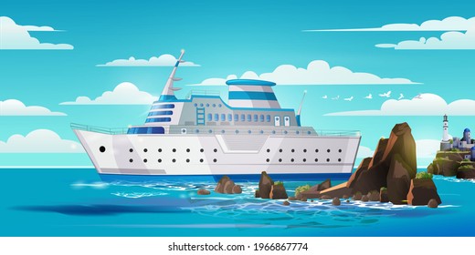 Cruise big ship good for travel and tourism ads, books, brochure leaflet book cover page, leisure luxury holiday. Sea landscape, blue sky,clouds,lighthouse on the shore and reefs