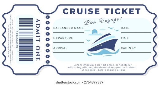 Cruise boarding pass template with ocean liner and sea background illustration, blank information fields and text. Vector template for cruise travel.