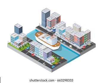 Cruise boat and naval ships nautical transport on the sea for travel vacation tourism illustration. Isometric set of transportation objects