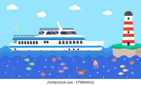 Cruise boat in sea near lighthouse, vector illustration. Ship travel in cartoon ocean, wave water marine. Vacation blue background at transport design, flat sail summer tourism style.