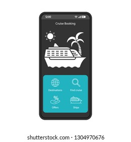 Cruise booking app smartphone interface vector template. Mobile black design layout. Sail trip, vacation tickets reservation screen. Cruising application flat UI. Travel search page phone display
