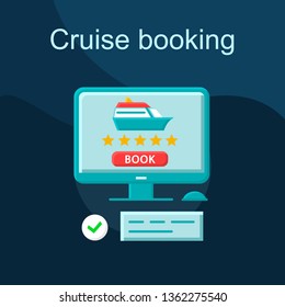 Cruise booking flat concept vector icon. Online tickets reservation idea cartoon color illustrations set. Travel agency website. Voyage, trip planning. Isolated graphic design element