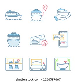 Cruise color icons set. Summer voyage. Cruise service, ships, trip route, bedroom, treadmills, spa salon, online tickets buying, cheap deal. Isolated vector illustrations