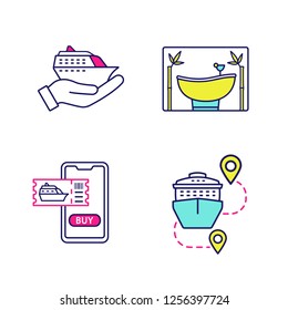 Cruise color icons set. Travel agency. Summer voyage. Cruise service, spa salon, trip route, online tickets buying. Isolated vector illustrations