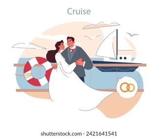 Cruise concept. Newlyweds embark on a romantic voyage, surrounded by the sea's tranquility and the luxury of a cruise.