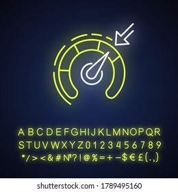 Cruise control neon light icon. Outer glowing effect. Smart car speed regulation system sign with alphabet, numbers and symbols. Speed gauge, speedometer vector isolated RGB color illustration