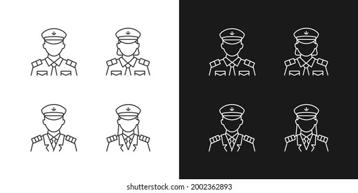 Cruise crew linear icons set for dark and light mode. Providing service for passengers. Helping visitors. Customizable thin line symbols. Isolated vector outline illustrations. Editable stroke