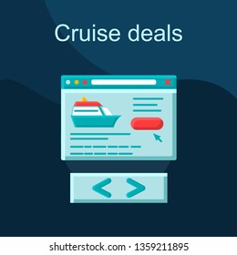 Cruise deal flat concept vector icon. Travel agency website idea cartoon color illustrations set. Voyage, journey, trip planning. Tickets online booking. Isolated graphic design element