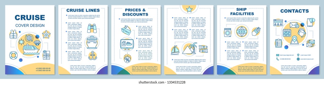 Cruise deals brochure template layout. Travel agency. Voyage, journey. Flyer, leaflet print design with linear illustrations. Vector page layouts for magazines, annual reports, advertising posters
