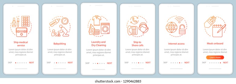 Cruise facilities onboarding mobile app page screen with linear concepts. Medical service, babysitting, laundry walkthrough steps graphic instructions. UX, UI, GUI vector template with illustrations