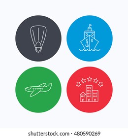 Cruise, flippers and airplane icons. Hotel linear sign. Linear icons on colored buttons. Flat web symbols. Vector