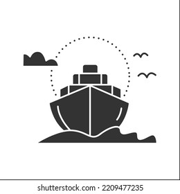 Cruise glyph icon. Ocean ship journey. Cruise liner. Marine tourism. Voyage along inland or international waterways. Tourism types concept.Filled flat sign. Isolated silhouette vector illustration