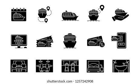 Cruise glyph icons set. Services, tickets booking and buying, ships, destinations. Summer voyage. Shore excursions, tours and travel agency. Silhouette symbols. Vector isolated illustration