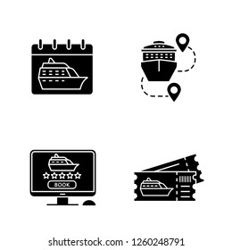 Cruise glyph icons set. Summer voyage. Travel agency. Cruise departure date, trip routes, online booking, shore excursion tickets. Silhouette symbols. Vector isolated illustration