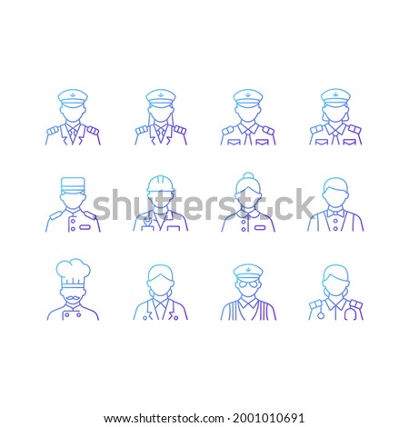 Cruise and hotel staff gradient linear vector icons set. Comfortable vacation. Proffesional crew controlling. Thin line contour symbols bundle. Isolated vector outline illustrations collection