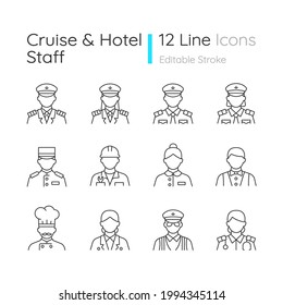 Cruise and hotel staff linear icons set. Comfortable vacation. Proffesional crew controlling. Customizable thin line contour symbols. Isolated vector outline illustrations. Editable stroke