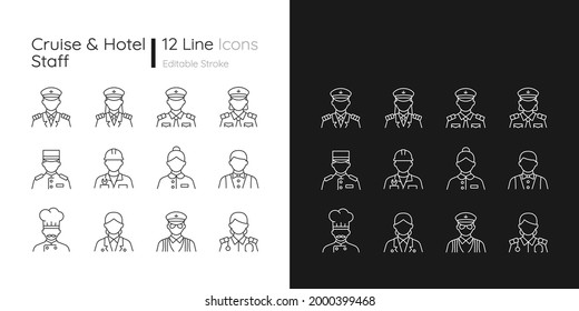 Lineare Symbole für den Dunkel- und Lichtmodus werden von den Hotelmitarbeitern bereitgestellt. Professionelle Besatzungskontrolle. Anpassbare Thin-Line-Symbole. Einzige Vektorgrafik-Rahmenillustrationen. Bearbeitbarer Hub