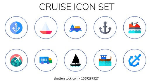 cruise icon set. 10 flat cruise icons.  Collection Of - anchor, travel, sailboat, shipping, ship, boat, jet ski