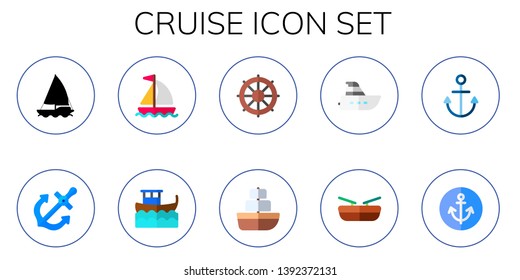 cruise icon set. 10 flat cruise icons.  Simple modern icons about  - sailboat, anchor, sailing, boat, helm, ship, yacht