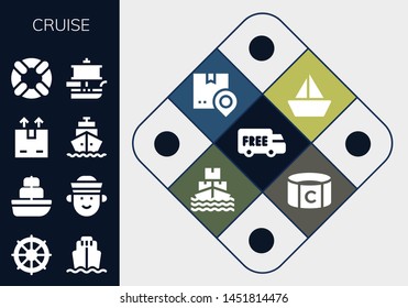 cruise icon set. 13 filled cruise icons.  Collection Of - Shipping, Helm, Cargo ship, Ship, Sailor, Lifesaver, Sailboat, Captain