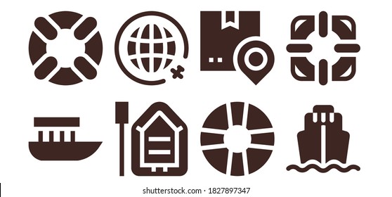 cruise icon set. 8 filled cruise icons.  Simple modern icons such as: Boat, Lifesaver, Travel, Shipping, Cargo ship