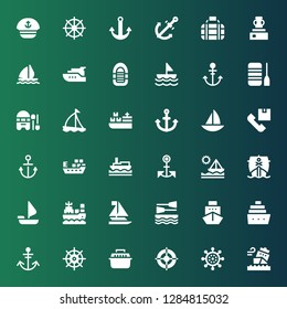 cruise icon set. Collection of 36 filled cruise icons included Ship, Helm, Transport, Anchor, Cruise, Boat, Sailboat, Sailing boat, Shipping, Cargo ship, Inflatable boat, Yacht