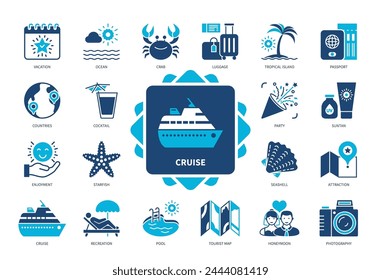 Cruise-Symbol gesetzt. Urlaub, Schwimmbad, Freizeit, Genuss, Fotografie, Attraktion, Party, Meer. Zweifarbige Volltonsymbole