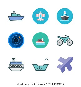 cruise icon set. vector set about radar, airplane, motorcycle and yatch icons set.