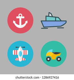 cruise icon set. vector set about anchor, motorcycle, yatch and airplane icons set.