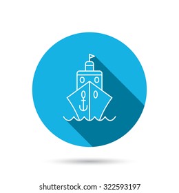 Cruise icon. Ship travel sign. Shipping delivery symbol. Blue flat circle button with shadow. Vector