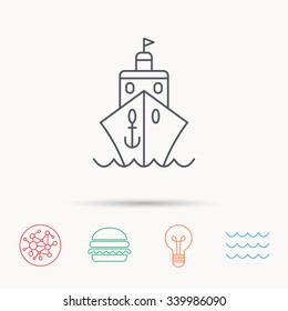 Cruise icon. Ship travel sign. Shipping delivery symbol. Global connect network, ocean wave and burger icons. Lightbulb lamp symbol.