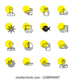 cruise icons. Editable 16 cruise icons. Included icons such as Sailor, Ship, Boat, Rudder, Shipped, Snorkle, Sailboat, Captain, Port, Globe Fish. cruise trendy icons for web.
