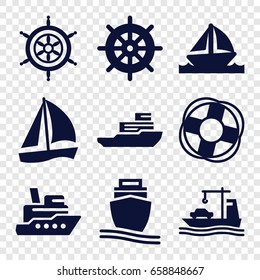 Cruise icons set. set of 9 cruise filled icons such as helm, cargo ship, boat, lifebuoy, ship