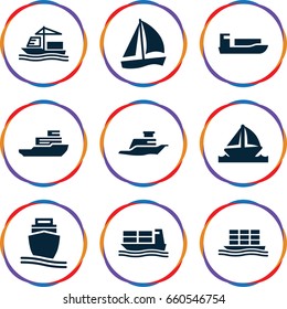 Cruise icons set. set of 9 cruise filled icons such as cargo ship, ship, boat