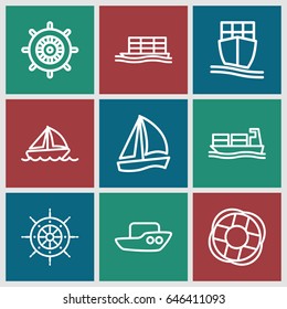 Cruise icons set. set of 9 cruise outline icons such as boat, helm, cargo ship, lifebuoy