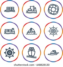 Cruise icons set. set of 9 cruise outline icons such as helm, cargo ship, ship, boat