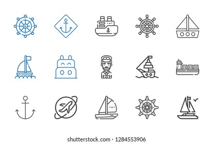 cruise icons set. Collection of cruise with boat, rudder, travel, anchor, ship, captain. Editable and scalable cruise icons.