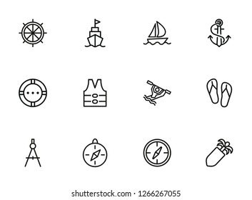 Cruise icons. Set of line icons on white background. Compass, rafting, anchor, life saver ring. Sea touring concept. Vector illustration can be used for topics like travel, vacation, tourism